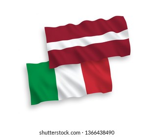 National vector fabric wave flags of Italy and Latvia isolated on white background. 1 to 2 proportion.