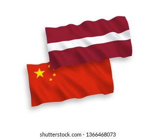 National vector fabric wave flags of Latvia and China isolated on white background 1 to 2 proportion.