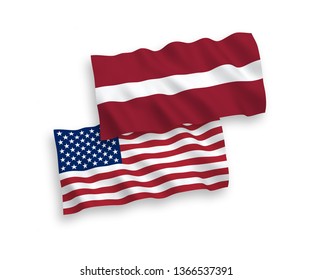 National vector fabric wave flags of Latvia and America isolated on white background. 1 to 2 proportion.