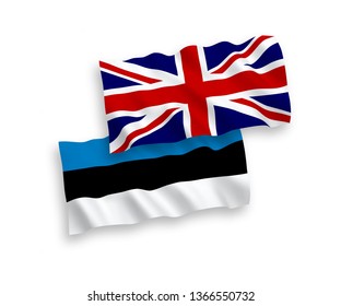 National vector fabric wave flags of Estonia and Great Britain isolated on white background. 1 to 2 proportion.