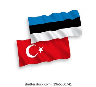 National vector fabric wave flags of Turkey and Estonia isolated on white background. 1 to 2 proportion.