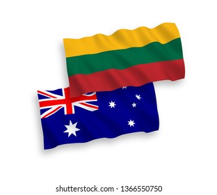 National vector fabric wave flags of Australia and Lithuania isolated on white background. 1 to 2 proportion.