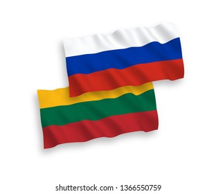 National vector fabric wave flags of Lithuania and Russia isolated on white background. 1 to 2 proportion.