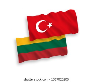 National vector fabric wave flags of Turkey and Lithuania isolated on white background. 1 to 2 proportion.