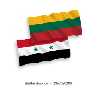 National vector fabric wave flags of Lithuania and Syria isolated on white background. 1 to 2 proportion.