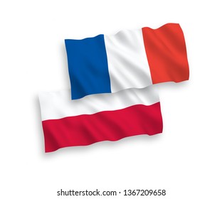 National vector fabric wave flags of France and Poland isolated on white background. 1 to 2 proportion.