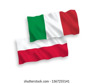 National vector fabric wave flags of Italy and Poland isolated on white background. 1 to 2 proportion.
