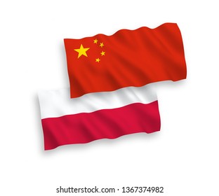 National vector fabric wave flags of Poland and China isolated on white background 1 to 2 proportion.