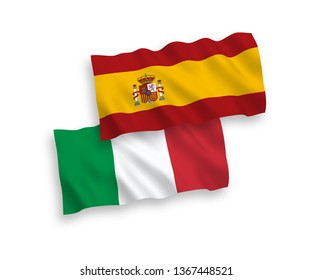 National vector fabric wave flags of Italy and Spain isolated on white background. 1 to 2 proportion.