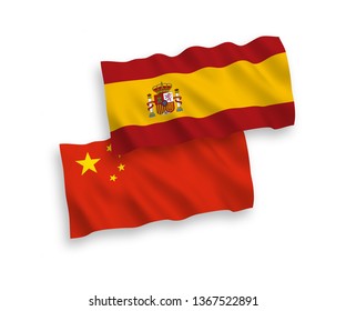National vector fabric wave flags of Spain and China isolated on white background 1 to 2 proportion.