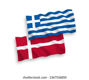 National vector fabric wave flags of Denmark and Greece isolated on white background. 1 to 2 proportion.