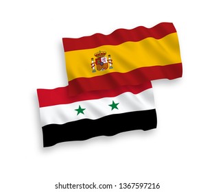 National vector fabric wave flags of Spain and Syria isolated on white background. 1 to 2 proportion.
