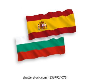 National vector fabric wave flags of Bulgaria and Spain isolated on white background. 1 to 2 proportion.
