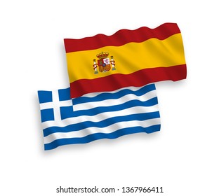 National vector fabric wave flags of Greece and Spain isolated on white background. 1 to 2 proportion.