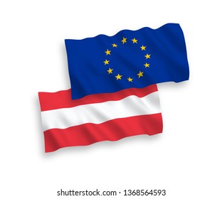 National vector fabric wave flags of Austria and European Union isolated on white background. 1 to 2 proportion.