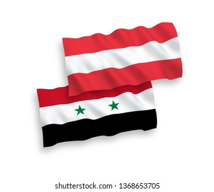 National vector fabric wave flags of Austria and Syria isolated on white background. 1 to 2 proportion.