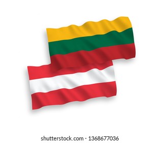 National vector fabric wave flags of Lithuania and Austria isolated on white background. 1 to 2 proportion.
