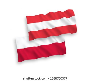 National vector fabric wave flags of Austria and Poland isolated on white background. 1 to 2 proportion.
