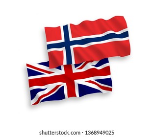 National vector fabric wave flags of Norway and Great Britain isolated on white background. 1 to 2 proportion.
