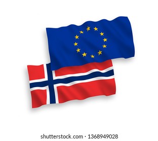 National vector fabric wave flags of Norway and European Union isolated on white background. 1 to 2 proportion.