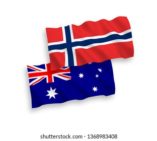 National vector fabric wave flags of Norway and Austria isolated on white background. 1 to 2 proportion.