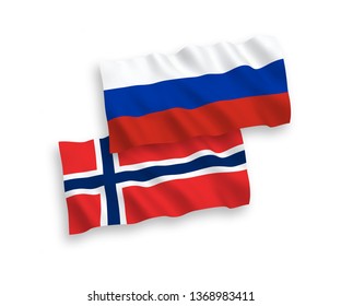 National vector fabric wave flags of Norway and Russia isolated on white background. 1 to 2 proportion.