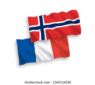 National vector fabric wave flags of France and Norway isolated on white background. 1 to 2 proportion.