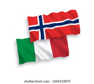 National vector fabric wave flags of Italy and Norway isolated on white background. 1 to 2 proportion.