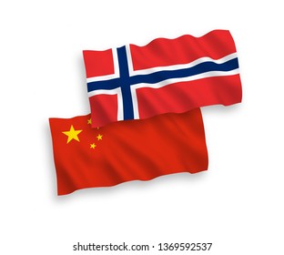 National vector fabric wave flags of Norway and China isolated on white background 1 to 2 proportion.
