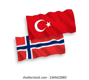 National vector fabric wave flags of Turkey and Norway isolated on white background. 1 to 2 proportion.