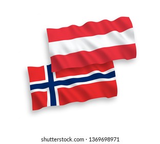 National vector fabric wave flags of Austria and Norway isolated on white background. 1 to 2 proportion.
