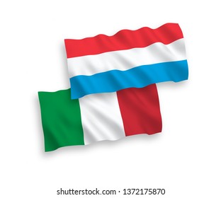 National vector fabric wave flags of Italy and Luxembourg isolated on white background. 1 to 2 proportion.