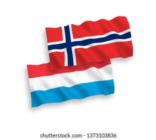 National vector fabric wave flags of Norway and Luxembourg isolated on white background. 1 to 2 proportion.