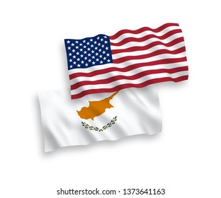 National vector fabric wave flags of Cyprus and USA isolated on white background. 1 to 2 proportion.