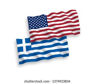 National vector fabric wave flags of Greece and USA isolated on white background. 1 to 2 proportion.