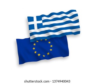 National vector fabric wave flags of European Union and Greece isolated on white background. 1 to 2 proportion.