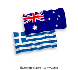 National vector fabric wave flags of Australia and Greece isolated on white background. 1 to 2 proportion.