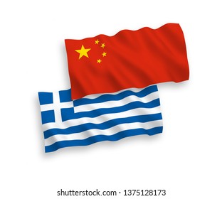 National vector fabric wave flags of Greece and China isolated on white background 1 to 2 proportion.