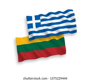 National vector fabric wave flags of Lithuania and Greece isolated on white background. 1 to 2 proportion.