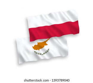 National vector fabric wave flags of Cyprus and Poland isolated on white background. 1 to 2 proportion.