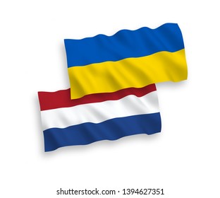National vector fabric wave flags of Netherlands and Ukraine isolated on white background. 1 to 2 proportion.