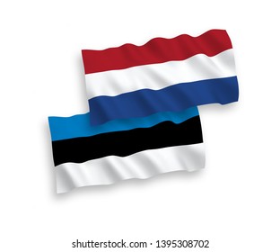 National vector fabric wave flags of Estonia and Netherlands isolated on white background. 1 to 2 proportion.