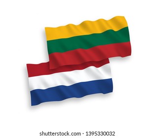 National vector fabric wave flags of Lithuania and Netherlands isolated on white background. 1 to 2 proportion.