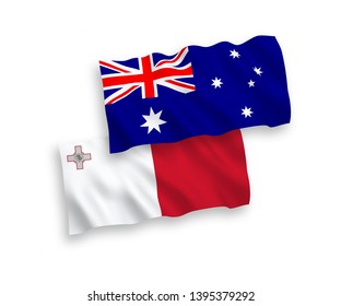 National vector fabric wave flags of Australia and Malta isolated on white background. 1 to 2 proportion.