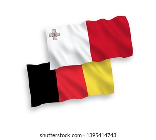National vector fabric wave flags of Malta and Belgium isolated on white background. 1 to 2 proportion.