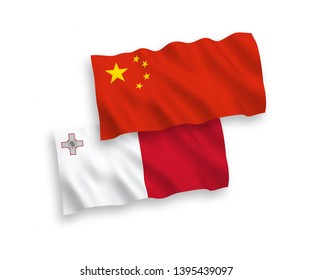 National vector fabric wave flags of Malta and China isolated on white background 1 to 2 proportion.