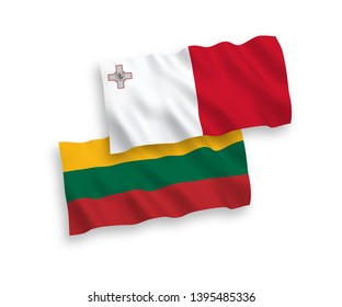 National vector fabric wave flags of Lithuania and Malta isolated on white background. 1 to 2 proportion.