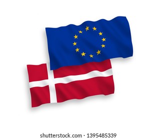 National vector fabric wave flags of European Union and Denmark isolated on white background. 1 to 2 proportion.