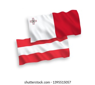 National vector fabric wave flags of Austria and Malta isolated on white background. 1 to 2 proportion.