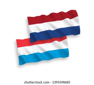 National vector fabric wave flags of Netherlands and Luxembourg isolated on white background. 1 to 2 proportion.